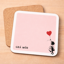 Load image into Gallery viewer, Grá Mór pot stand – pink design with red heart balloon and cork backing