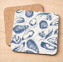 Load image into Gallery viewer, Wild Irish Oysters pot stand – navy oyster pattern with cork backing