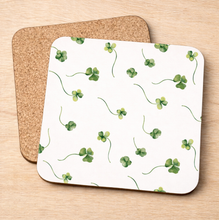 Load image into Gallery viewer, Shamrocks pot stand – green shamrock pattern with cork backing