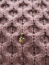 Load image into Gallery viewer, Shamrock necklace worn – gold-plated sterling silver Irish jewellery
