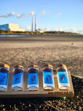 Load image into Gallery viewer, Poolbeg Chimneys earrings in glass gift jars on Sandymount Strand with the Poolbeg chimneys behind

