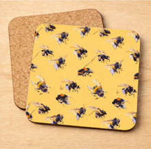 Load image into Gallery viewer, Irish Bees pot stand – bumblebee pattern on yellow with cork backing
